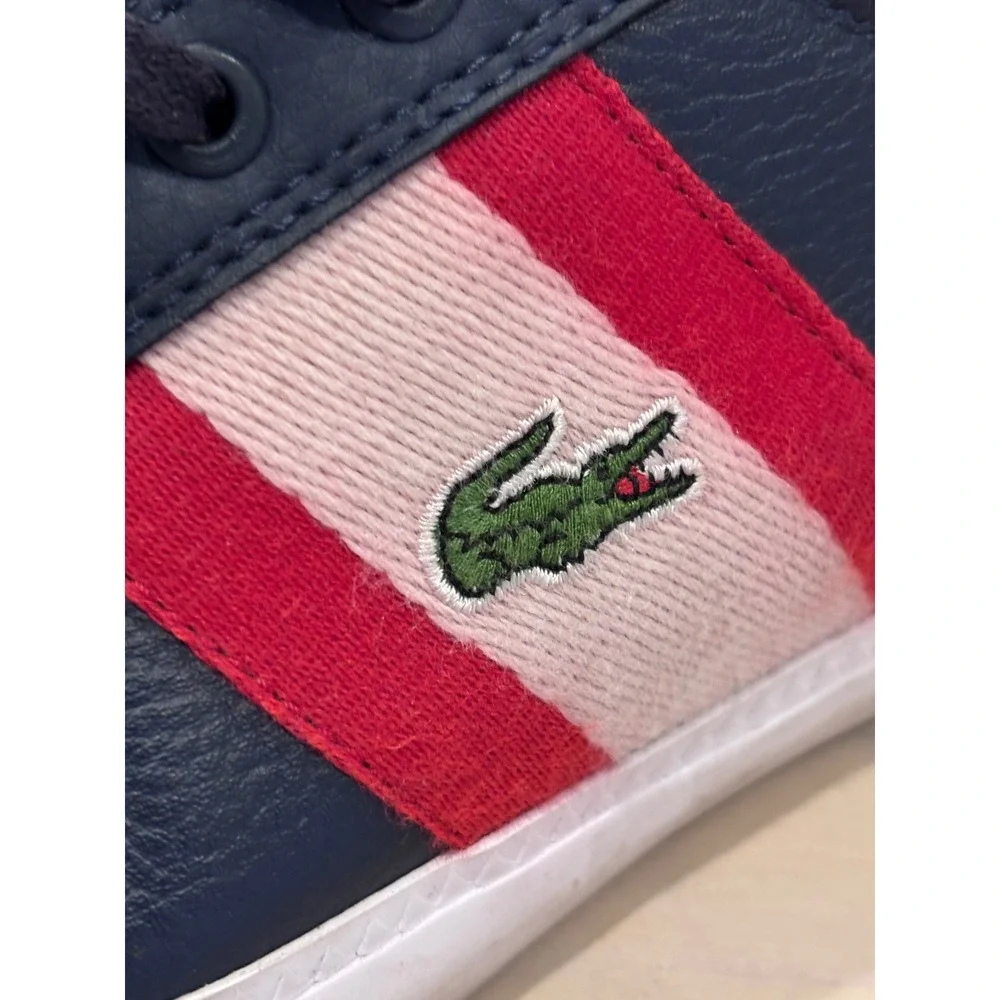Lacoste Grad Vulc 120 2 P Mens Navy Blue Leather Striped Sneakers Size 8 Preppy